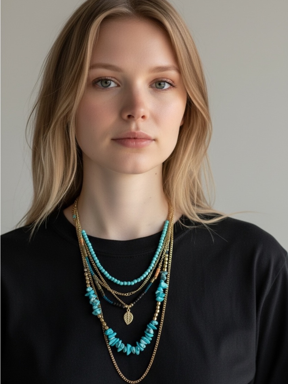 10/3 Gold Multi-Strand Necklace with Turquoise Beads